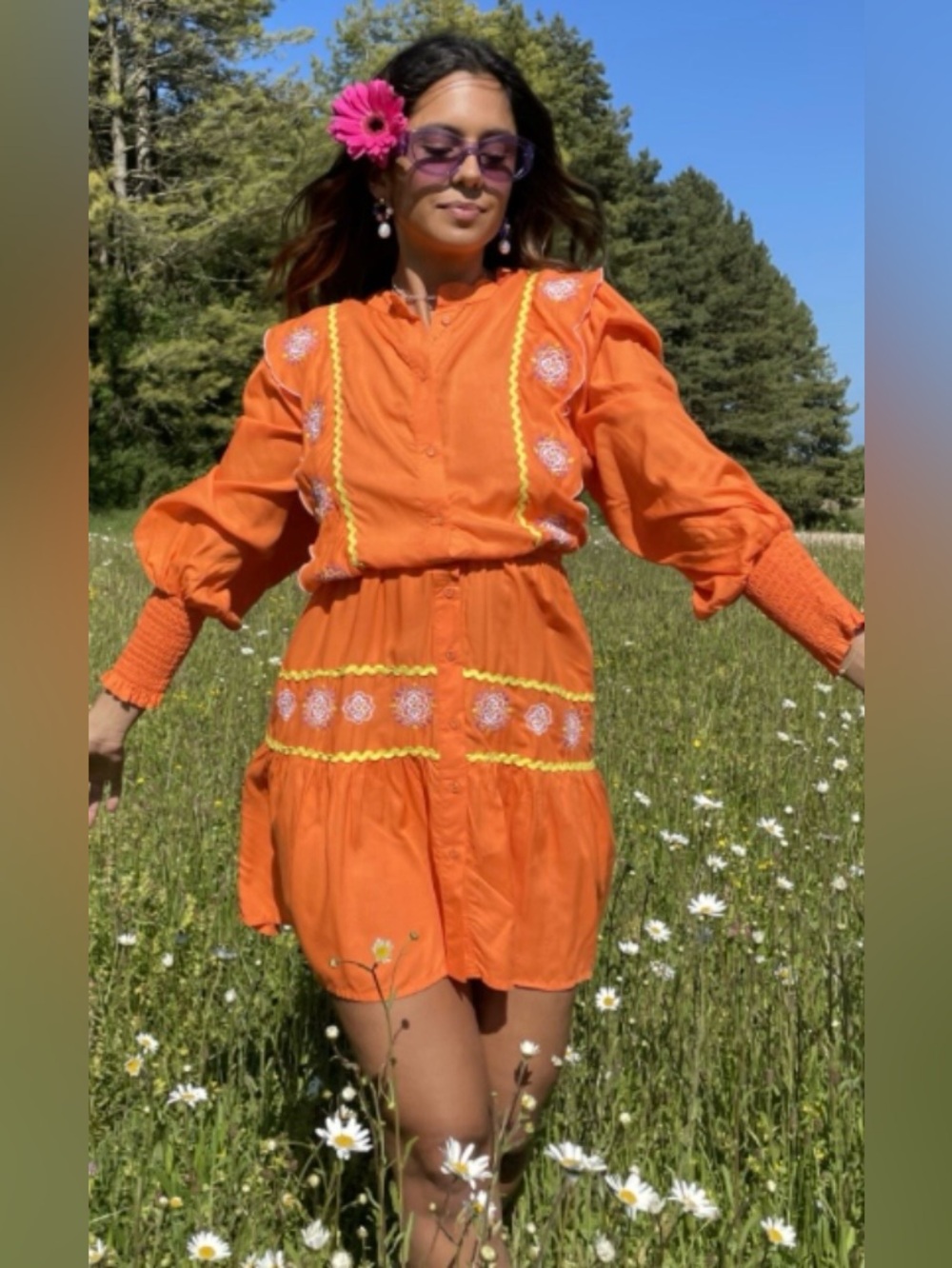 Women's Cottagecore Orange Embroidered Button Front Mini Dress 8